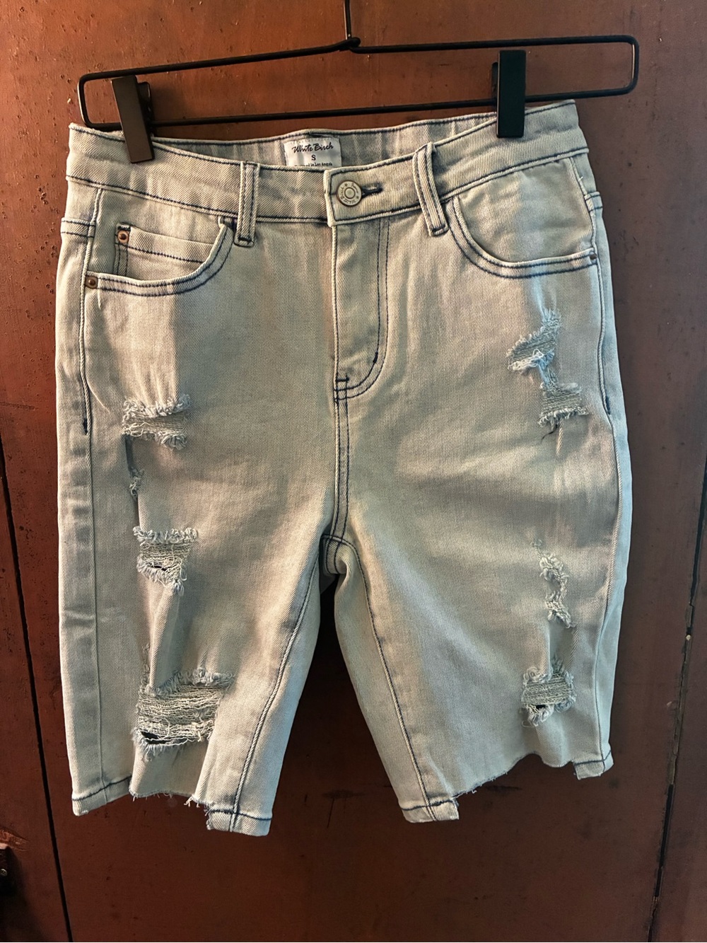 white birch Light Wash Distressed Denim Bermuda Shorts